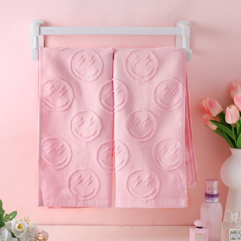 FuWeave 2 Pcs Smiling Face Hand Towels for Bathroom Pink Preppy Hand Towels 100% Cotton Absorbent Decorative Jacquard Weave Bath Decor Cute Bathroom Decor Gift  13. 7 x 29. 5 Inch - Image 4